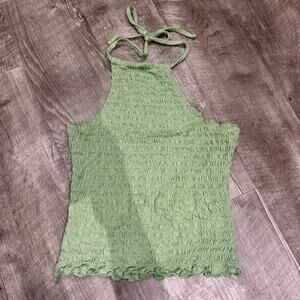 Old Navy Green Smocked Halter Tank Top Ruffle Hem Stretch XS